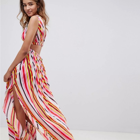 ASOS DESIGN stripe print grecian plunge maxi woven beach dress - Picture 2 of 3